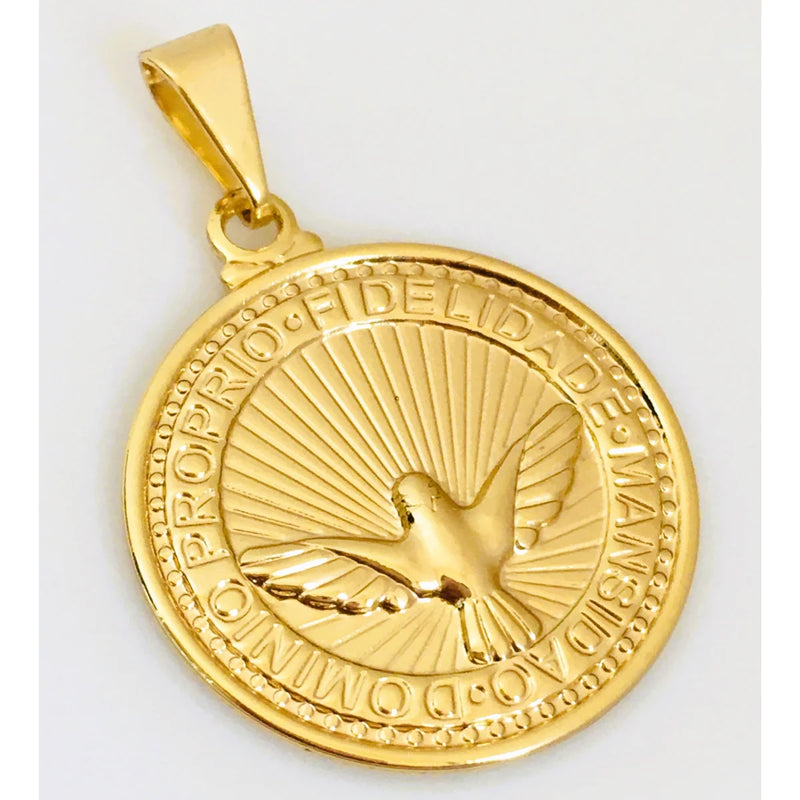 Pingente de medalha divina religiosa do Espírito Santo banhado a ouro 18K