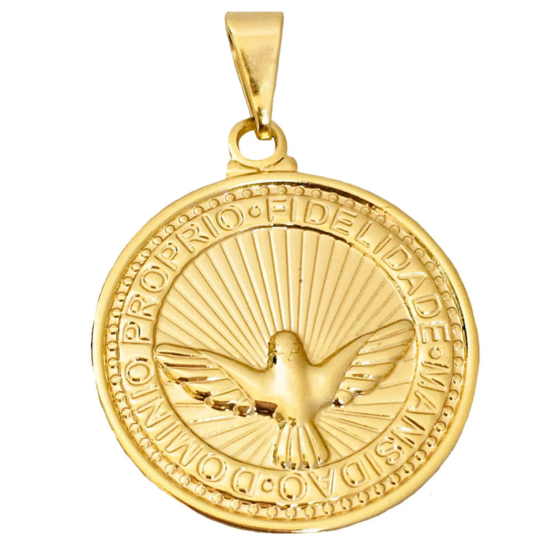 Pingente de medalha divina religiosa do Espírito Santo banhado a ouro 18K